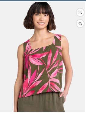 Women's Large Square-Neck Tank Top in Olive with Pink Leaf Print- NWT